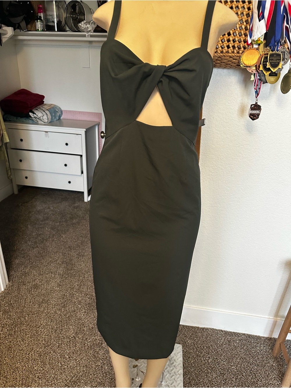 BHLDN Olive Bow-Front Cutout Midi Dress
